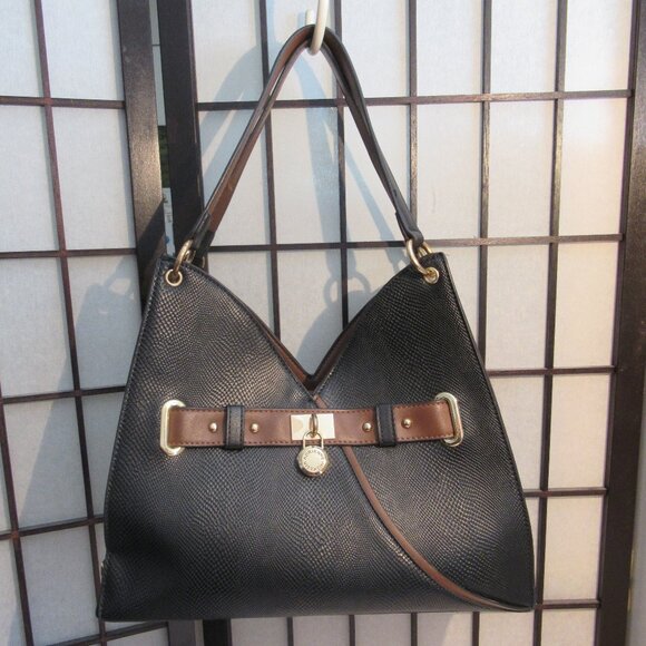 Adrienne Vittadini Handbags - Adriennne Vittadeni, handbag, Faux Leather, Brown & Black, Gold accents, lined.